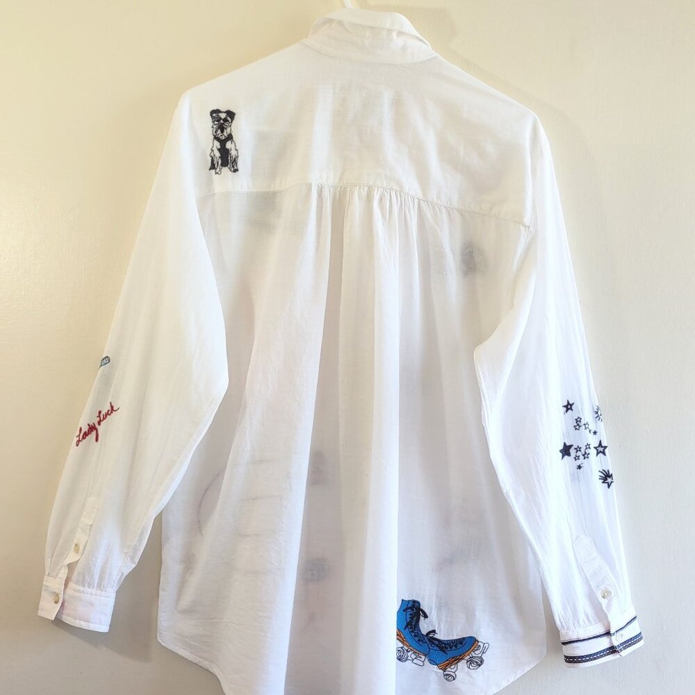 Anthropologie Pilcro Embroidered White Classic Shirt Retro Art Whimsy Size XL - Picture 7 of 16